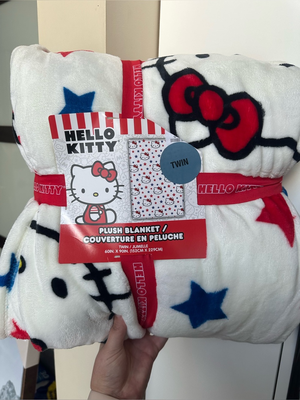 Hello Kitty Plush Blanket - White with Red & Blue Accents